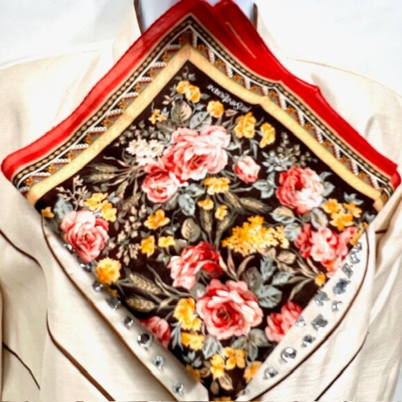 New Yvest Saint Laurent  Mini Scarf handker 19" cotton orang pink green flora(92 - Picture 6 of 7